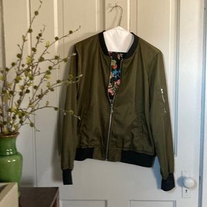 Bomber jacket. Dark Army green with floral lining. Super Cute!